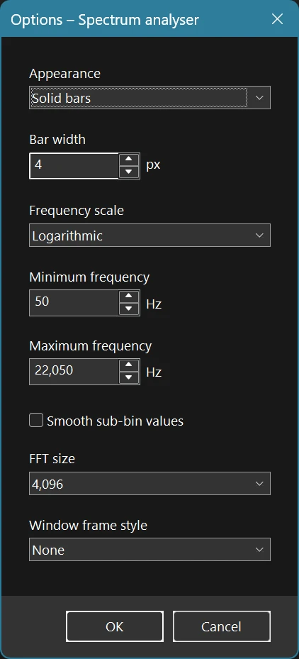The options dialogue box for the spectrum analyser.