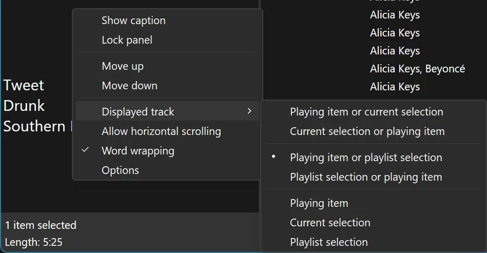 A screenshot of the tracking modes menu in Item details.