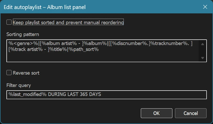 The autoplaylist properties dialogue box for Album list panel.
