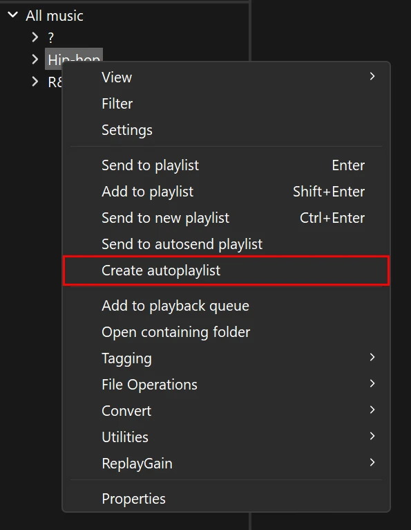 The context menu for an item in Album list panel